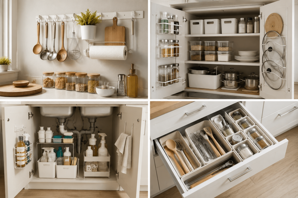 Small kitchen organization ideas with space-saving cabinet, drawer and under sink storage solutions
