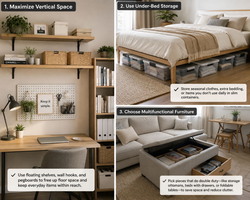Small apartment storage ideas with multifunctional furniture and smart organization