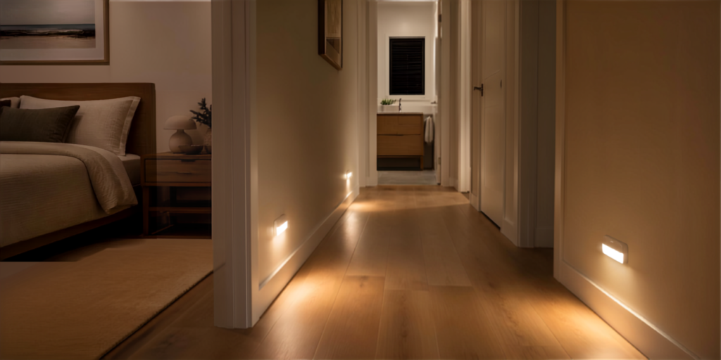 Cordless motion sensor night lights illuminating a hallway to the bathroom