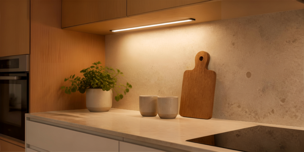 Rechargeable motion sensor under cabinet light in a small kitchen