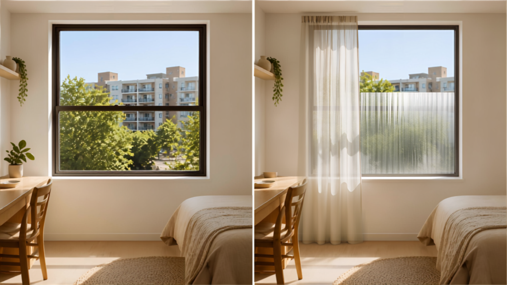 Static privacy window film and no-drill tension rod curtain for renters