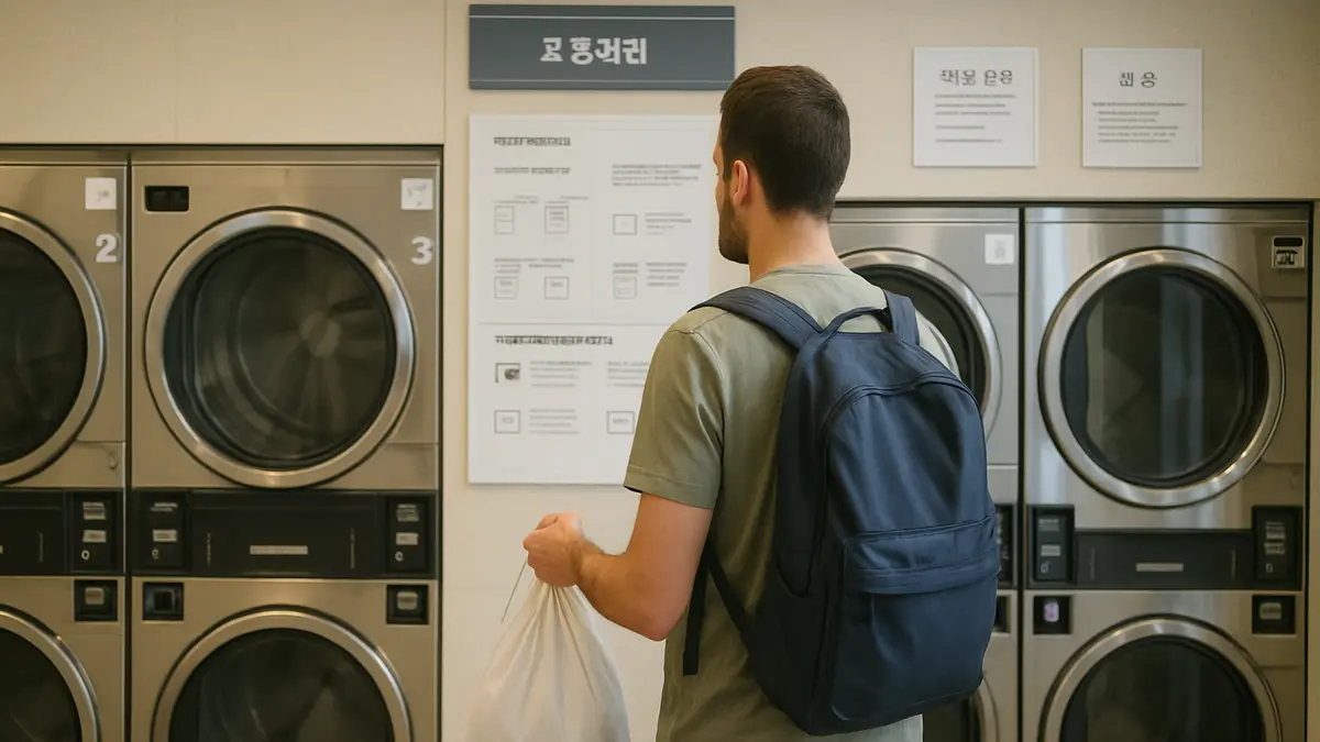Traveller reading a washing machine panel in a Korean self-service laundromat