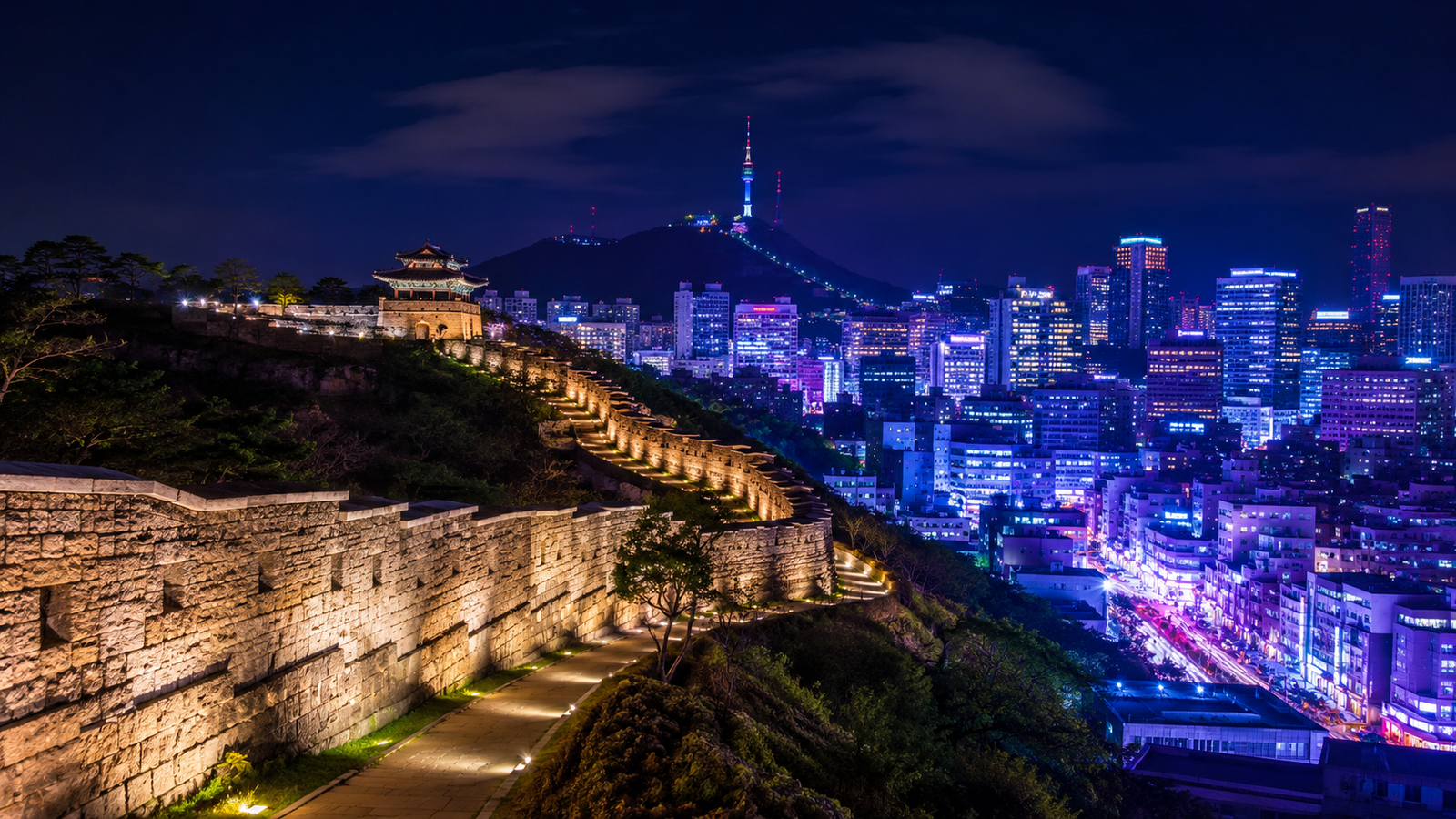 KPop Demon Hunters Seoul locations with Seoul skyline and traditional Korean architecture
