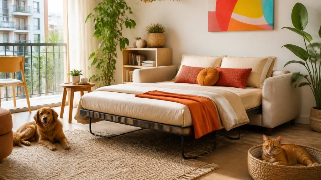 Multifunctional sofa bed with hidden storage for a small apartment