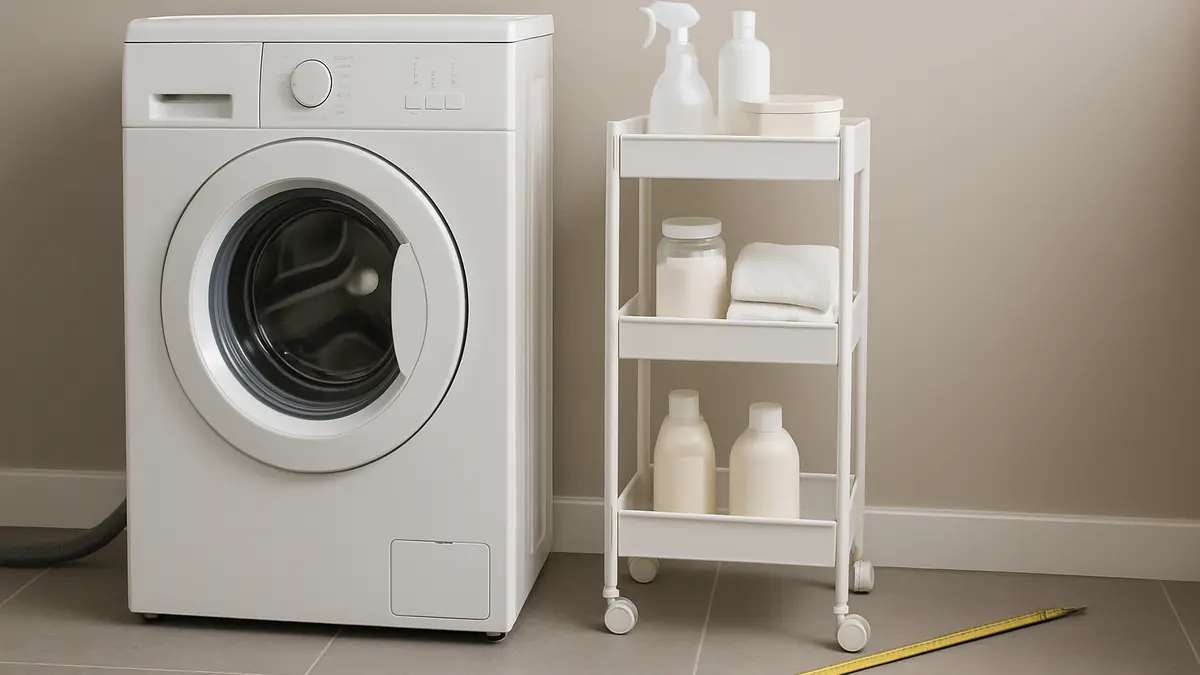 Slim removable laundry caddy beside a front-loading washing machine with clear access around the appliance.