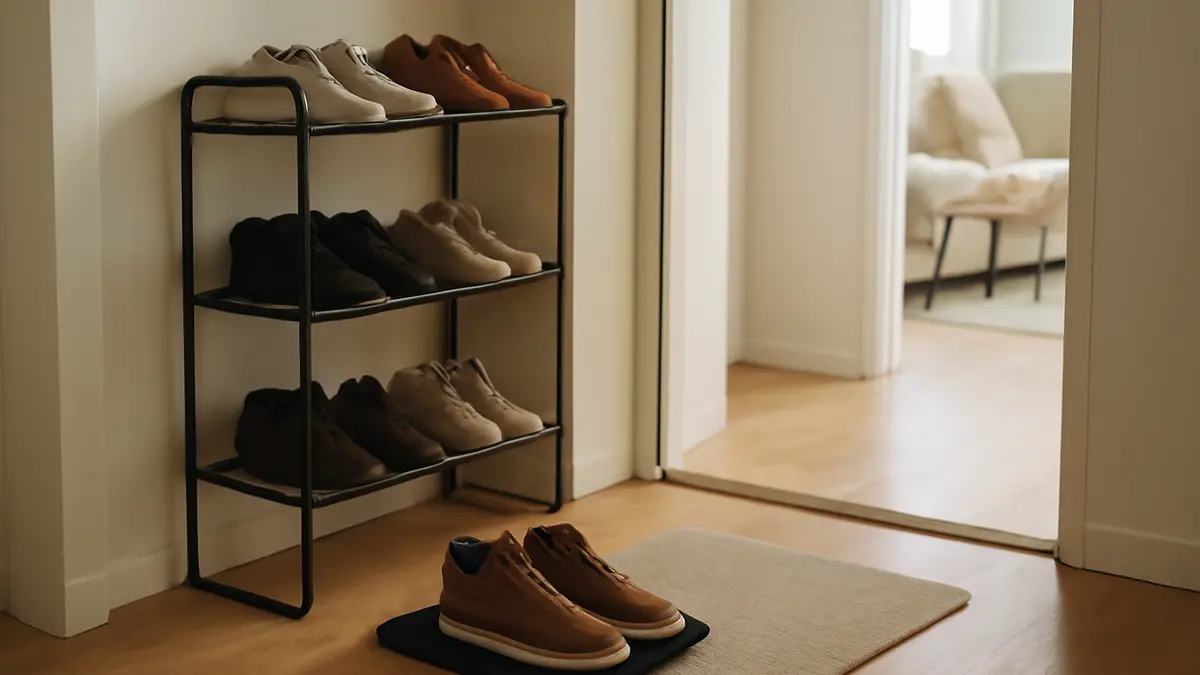 A slim open shoe rack and separate airing area in a narrow rental entryway.