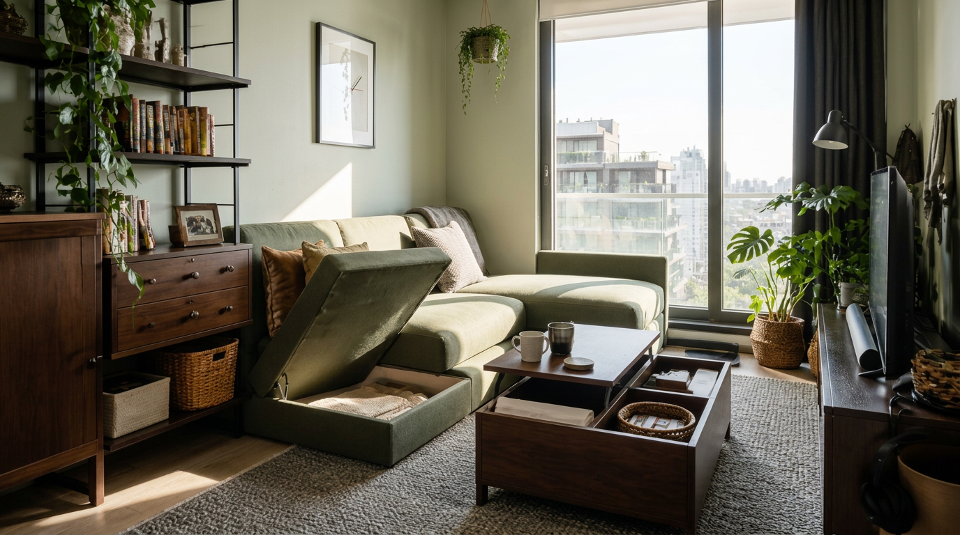 Small apartment storage solutions for a modern living room