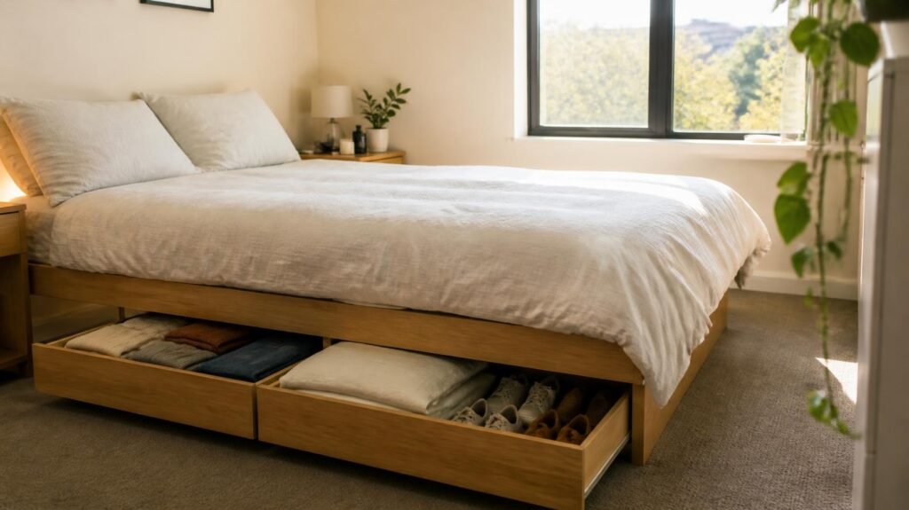 Under-bed storage drawers with clothes and bedding in a small apartment bedroom