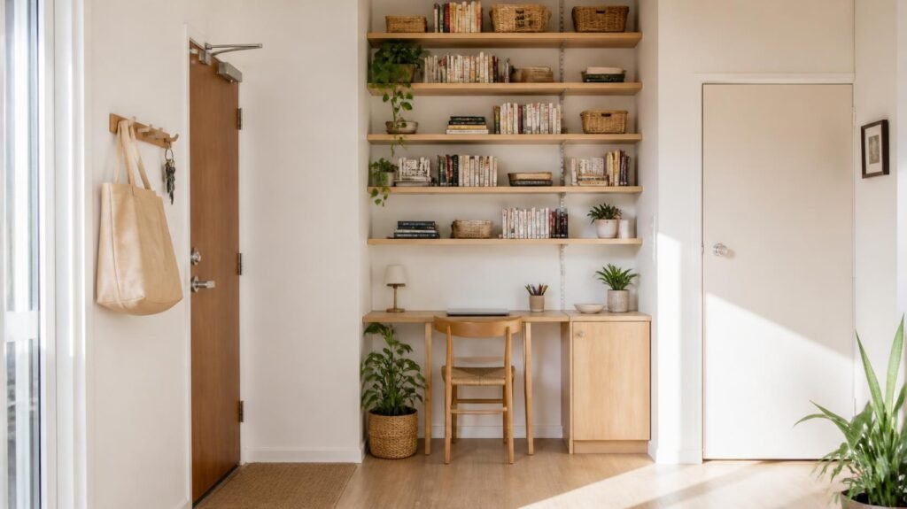 Vertical wall storage with floating shelves in a small apartment